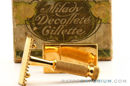 1919 Gillette Milady Decollete DE Safety Razor in White Case 24K Gold Revamp w/ Blade Bank and Box