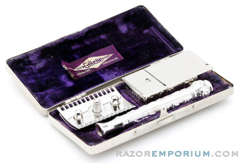 1911 Gillette ABC Pocket Edition Floral Handle - Old Type Open Comb DE Razor Set | Rhodium Revamp