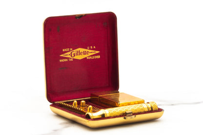 1920 Gillette New Improved Gold Tuckaway Double Edge Safety Razor Set | Original Condition