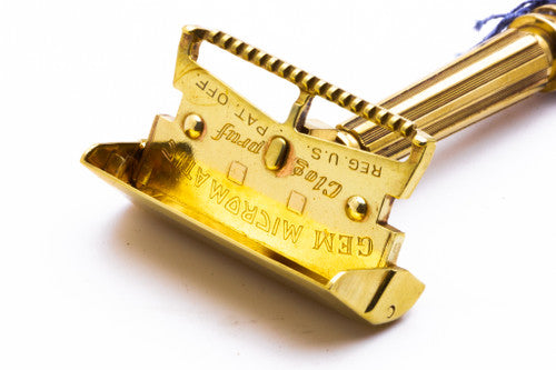Gem 1940's Micromatic Gold Clog Pruf Single Edge Safety Razor w/ Brown Case and Blade Bank