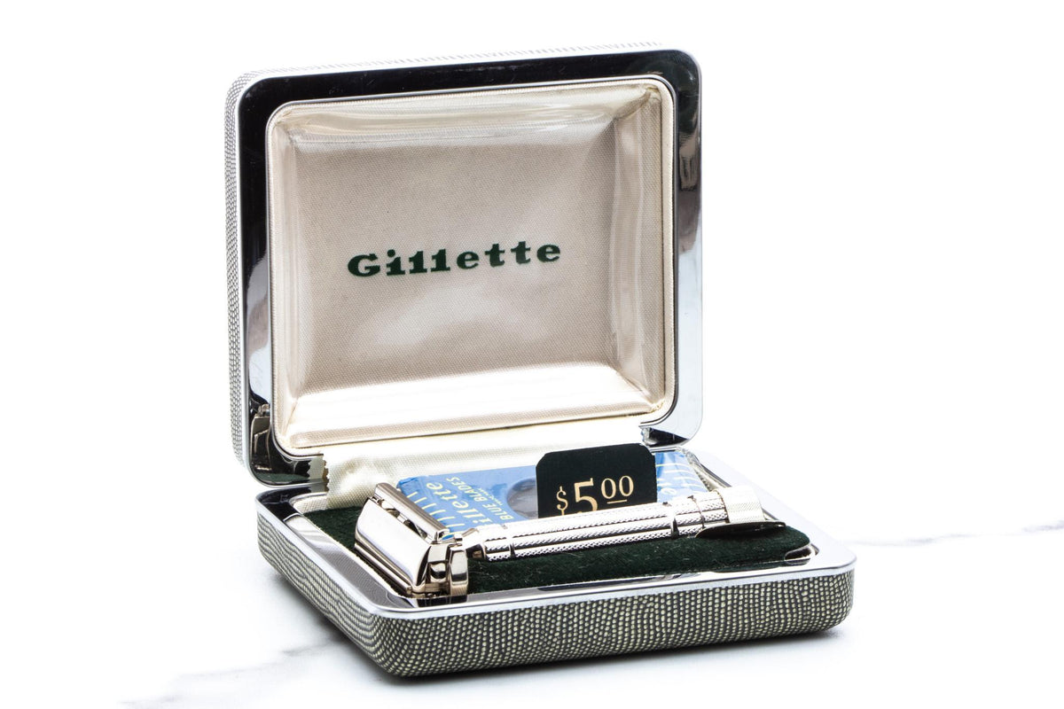 1955 A1 Gillette Rhodium President Double Edge Safety Razor Set With Original Cardboard Shipper |  New Old Stock