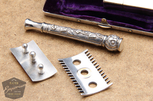 Gillette 1910's Silver ABC Pocket Edition Floral Handle - Old Type Open Comb DE Razor Set