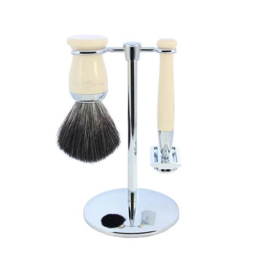 Edwin Jagger | Double Edge Safety Razor Shaving Set Imitation Ivory 3pc (Black Synthetic)