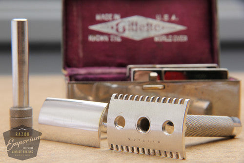 Gillette 1921 Silver Single Ring Old Type Set in Metal Case w/ Blade Banks