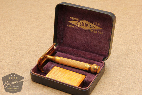 Gillette 1930's Gold NEW Long Comb Ball End Double Edge Safety Razor Set w/ Orig. Case