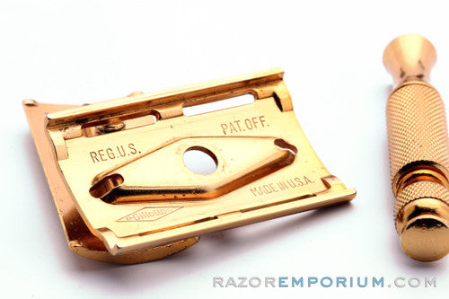 1947-51 Gillette Gold Ball End Travel Tech Safety Razor Set in Leather Zip Pouch