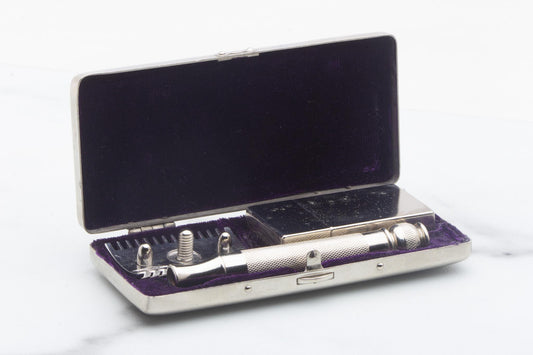 1920 Gillette ABC Pocket Edition Old Type Ball End Safety Razor with Floral Case Set | Original Condition