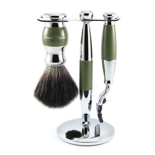 Edwin Jagger | Gillette® Mach3® Razor Shaving Set Green & Chrome 3pc (Black Synthetic)