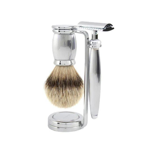 Edwin Jagger | Bulbous Double Edge Safety Razor Shaving Set Silver Tip – Lined, 3-Piece