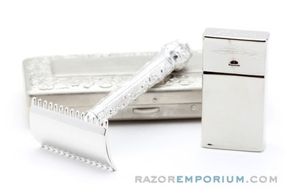 1911 Gillette ABC Pocket Edition Floral Handle - Old Type Open Comb DE Razor Set | Rhodium Revamp
