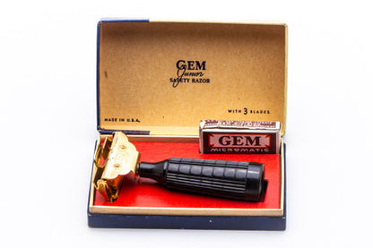 1940's Gem Junior Gold Black Fat Handle Single Edge Safety Razor Set with Original Case