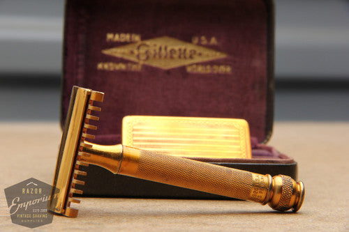 Gillette 1930's Gold NEW Long Comb Ball End Double Edge Safety Razor Set w/ Orig. Case