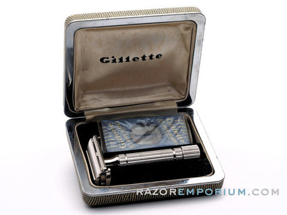 1953 Y3 Gillette President DE Safety Razor Set w/ Original Case, Instructions, & Blade Bank - New Old Stock - MINT
