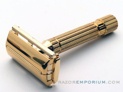 1948-1951 Gillette Aristocrat DE Safety Razor w/ Original Leather Case, Box, & Blades * 24K Gold - New Old Stock - MINT