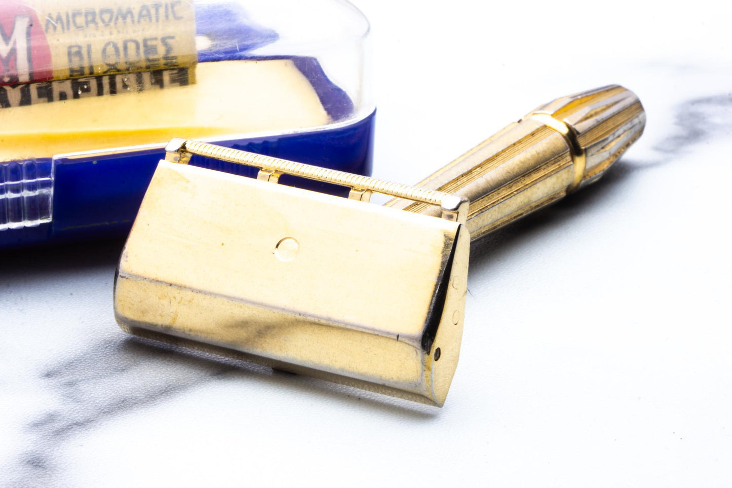 1940's Gem Micromatic Gold "Bullet Tip" Single Edge Safety Razor in Original Blue Case | Original Condition