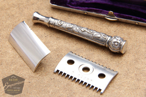 Gillette 1910's Silver ABC Pocket Edition Floral Handle - Old Type Open Comb DE Razor Set