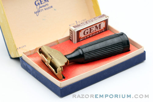 1940's Gem Junior Gold Black Fat Handle Single Edge Safety Razor Set
