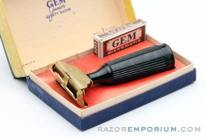 1940's Gem Junior Gold Black Fat Handle Single Edge Safety Razor Set