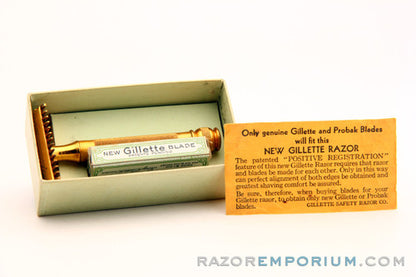 1930's Gillette Goodwill Ball End Gold DE Safety Razor Made in Canada w/ Box and Blades