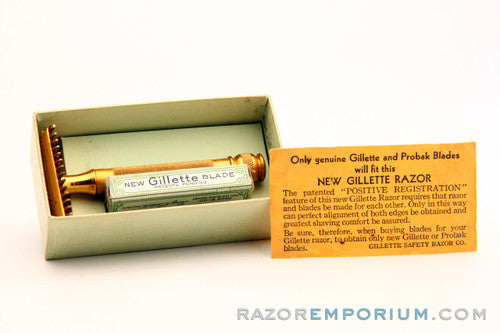 1930's Gillette Goodwill Ball End Gold DE Safety Razor Made in Canada w/ Box and Blades