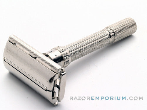 1962 H1 Gillette Slim Adjustable DE Safety Razor Nickel w/ Gold Case & Blade Bank