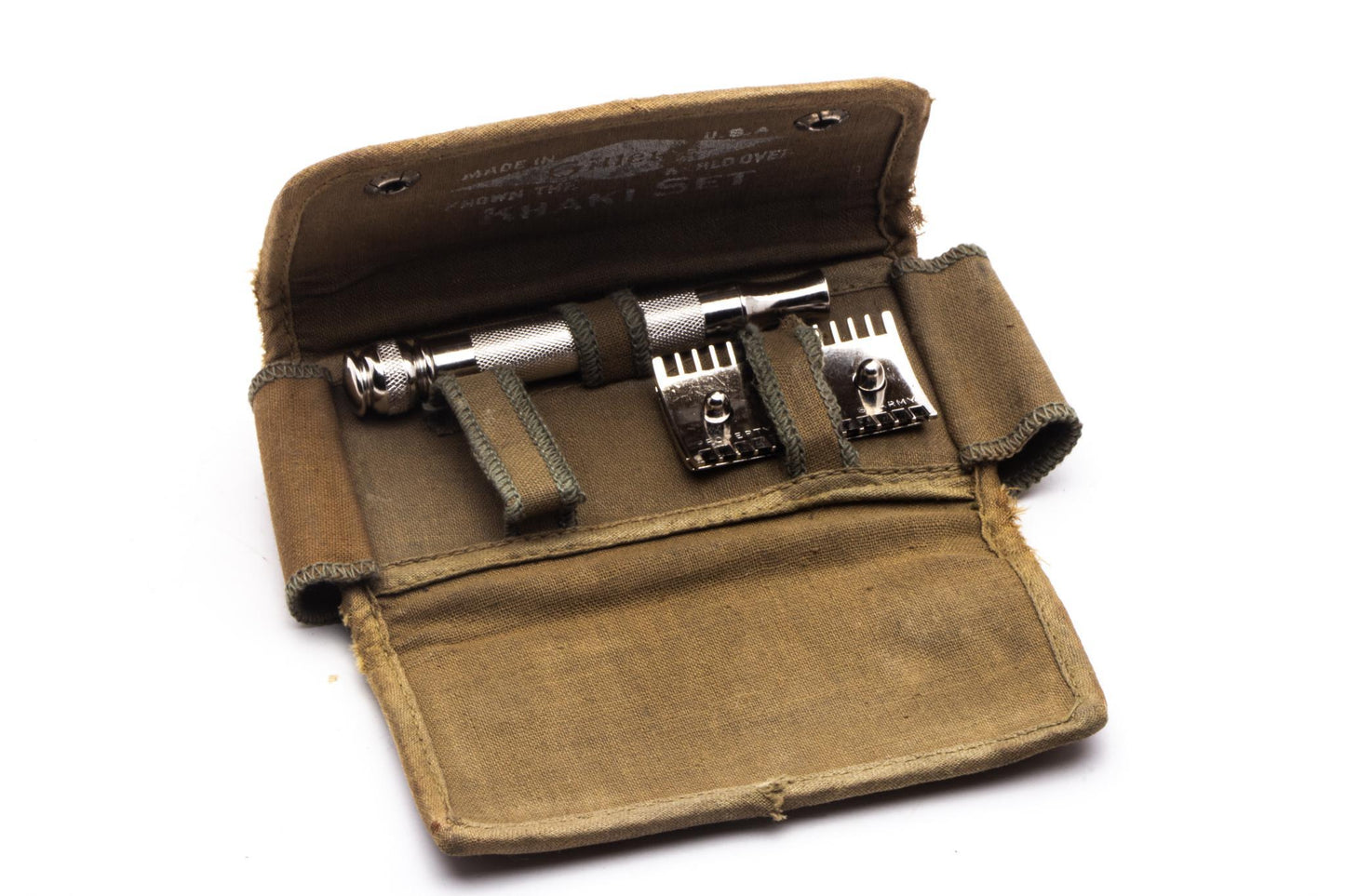 1918 Gillette Ball End Old Type Three Peice Khaki Service Double Edge Razor Set | US Army