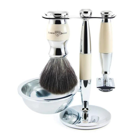 Edwin Jagger | Double Edge Safety Razor Shaving Set Imitation Ivory & Chrome 4pc (Black Synthetic)