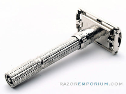 1966 L4 Gillette Slim Adjustable Safety Razor Nickel w/ Black Case & Blade Bank