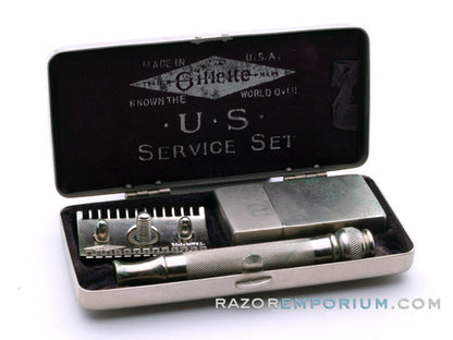 1921 Gillette US Service Set Ball End Old Type w/ Metal Case & Blade Bank