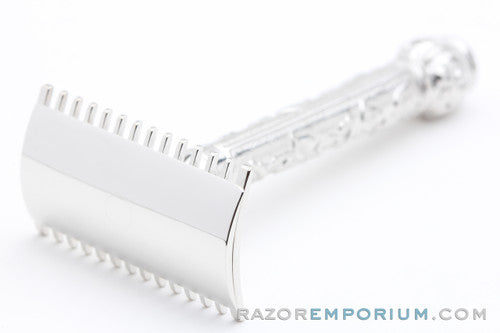 1911 Gillette ABC Pocket Edition Floral Handle - Old Type Open Comb DE Razor Set | Rhodium Revamp