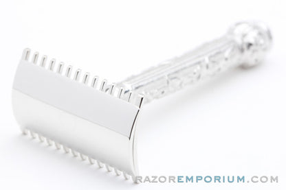 1911 Gillette ABC Pocket Edition Floral Handle - Old Type Open Comb DE Razor Set | Rhodium Revamp
