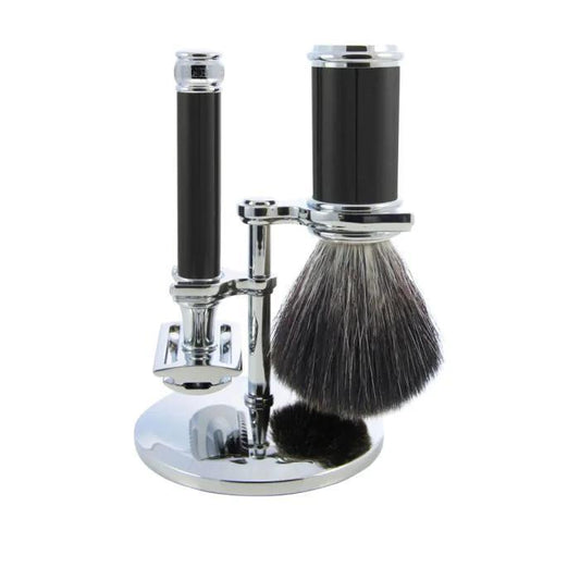 Edwin Jagger | Black & Chrome 3 Piece DE Set (Black Synthetic)