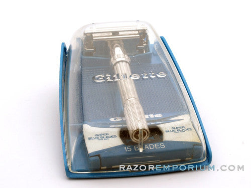 1964 J4 Gillette Slim Adjustable Safety Razor Nickel w/ Blue Case & Blade Bank
