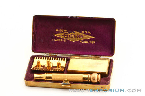 1910's Gillette Comb Ball End Old Type Razor 24K Gold w/ Case and Blade Bank