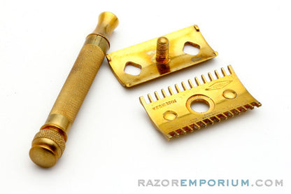 1930's Gillette Goodwill Ball End Gold DE Safety Razor Made in USA w/ Box