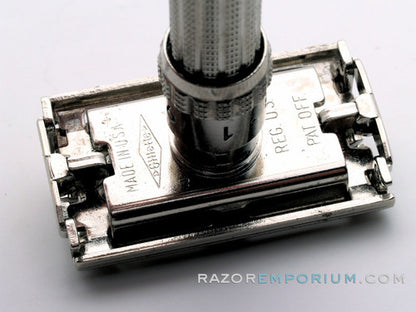 1964 J4 Gillette Slim Adjustable Safety Razor Nickel w/ Blue Case & Blade Bank