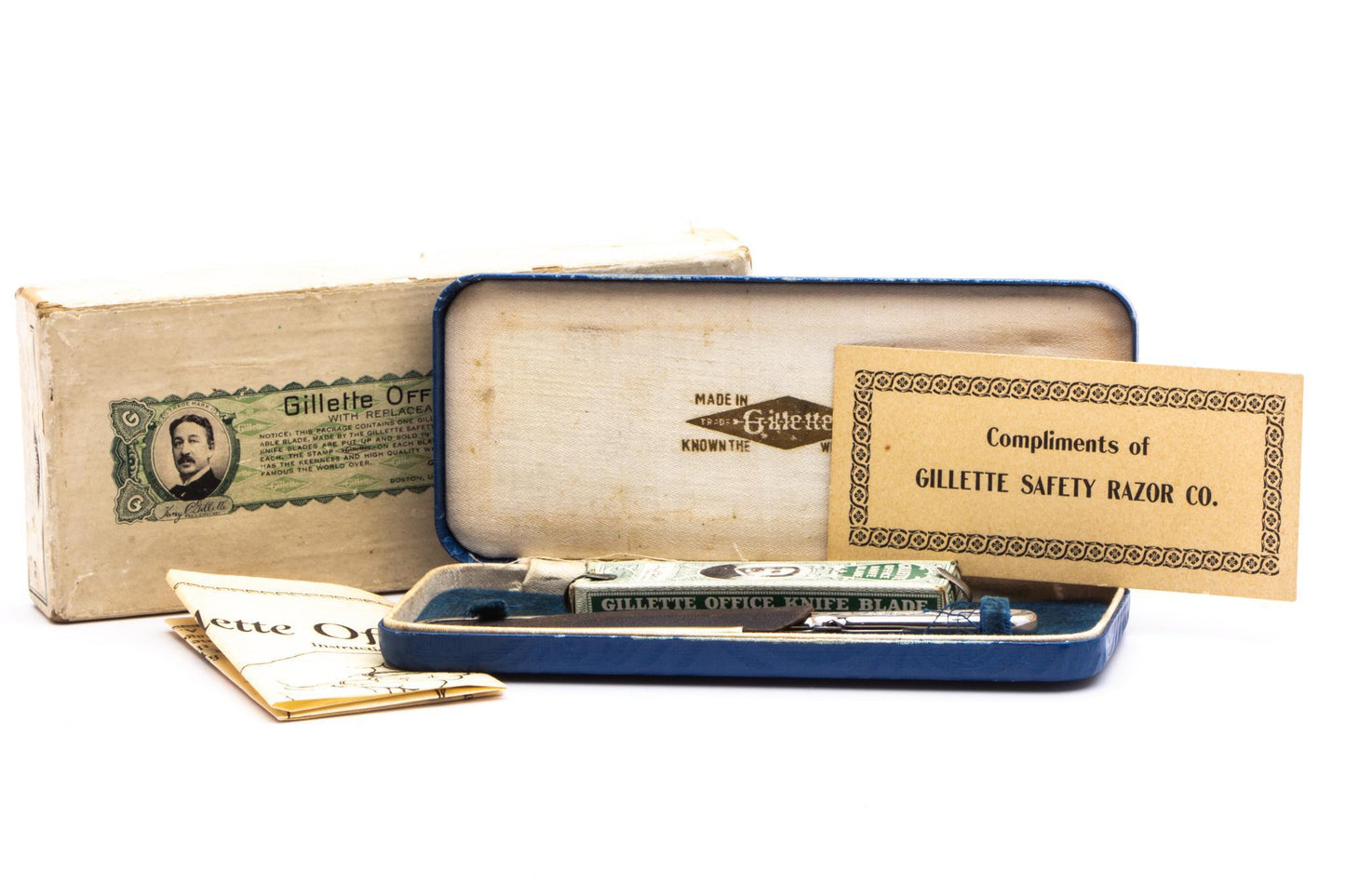 1920's Gillette Safety Razor Co. Office Knife w/ Replaceable Blades, Instructions & Original Case