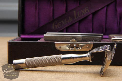 Gem de Luxe 1912 Style Single Edge Safety Razor in Black / Purple Leather Case