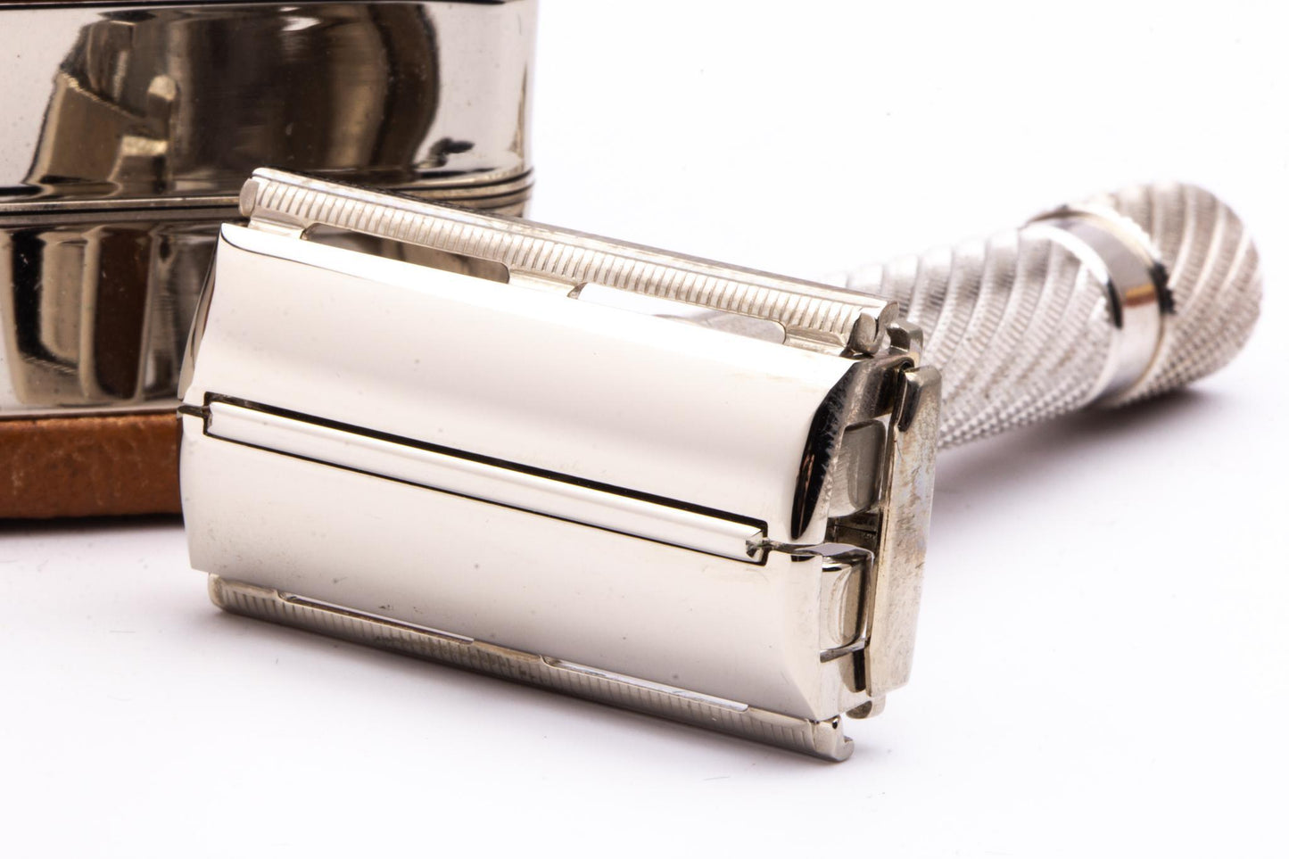 1948 Gillette Executive Double Edge Safety Razor Set w/ Ostrich Leather Case, Blade Bank, and Original Box