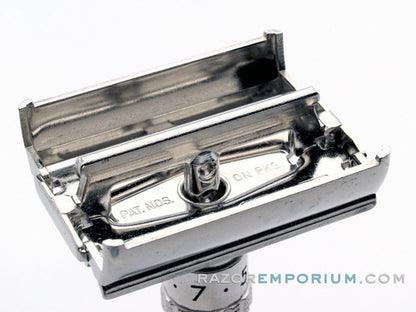 1964 J4 Gillette Slim Adjustable Safety Razor Nickel w/ Blue Case & Blade Bank