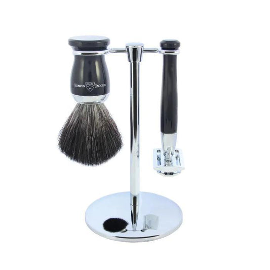 Edwin Jagger | Double Edge Safety Razor Shaving Set Imitation Ebony 3pc (Black Synthetic)