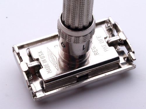 1964 J3 Gillette Slim Adjustable Safety Razor Nickel w/ Red Case & Blade Bank