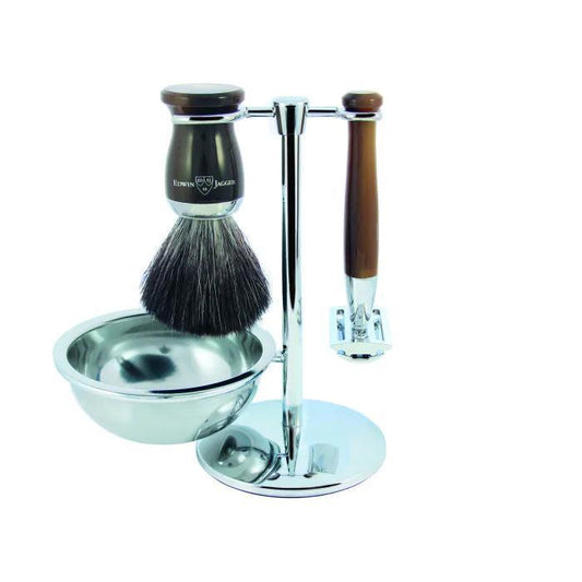 Edwin Jagger | Double Edge Safety Razor Shaving Set Imitation Horn 4pc (Black Synthetic)