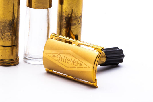 1951 W4 Gillette Gold Ball End Tech Khaki Travel Shave Set | Original Condition