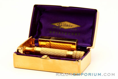 1934 Gillette Aristocrat Bulldog Open Comb w/ Gold Case & Blade Bank | 24K Gold Revamp
